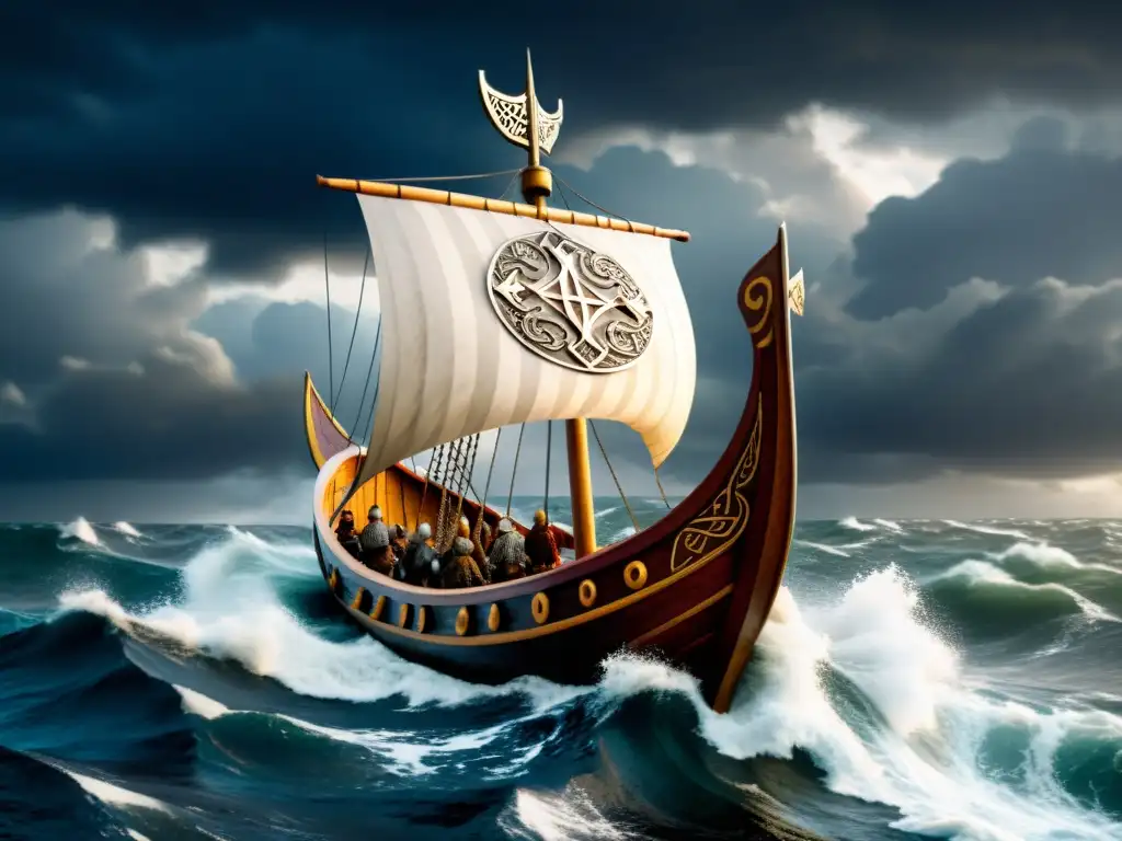 Una épica representación de un barco vikingo navegando en mares turbulentos, con símbolos paganos y cristianos entrelazados