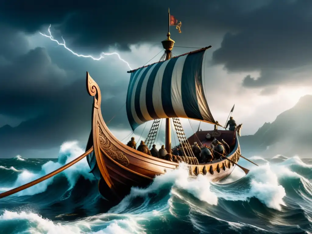 Épica batalla entre un barco vikingo y un Kraken en el arte vikingo