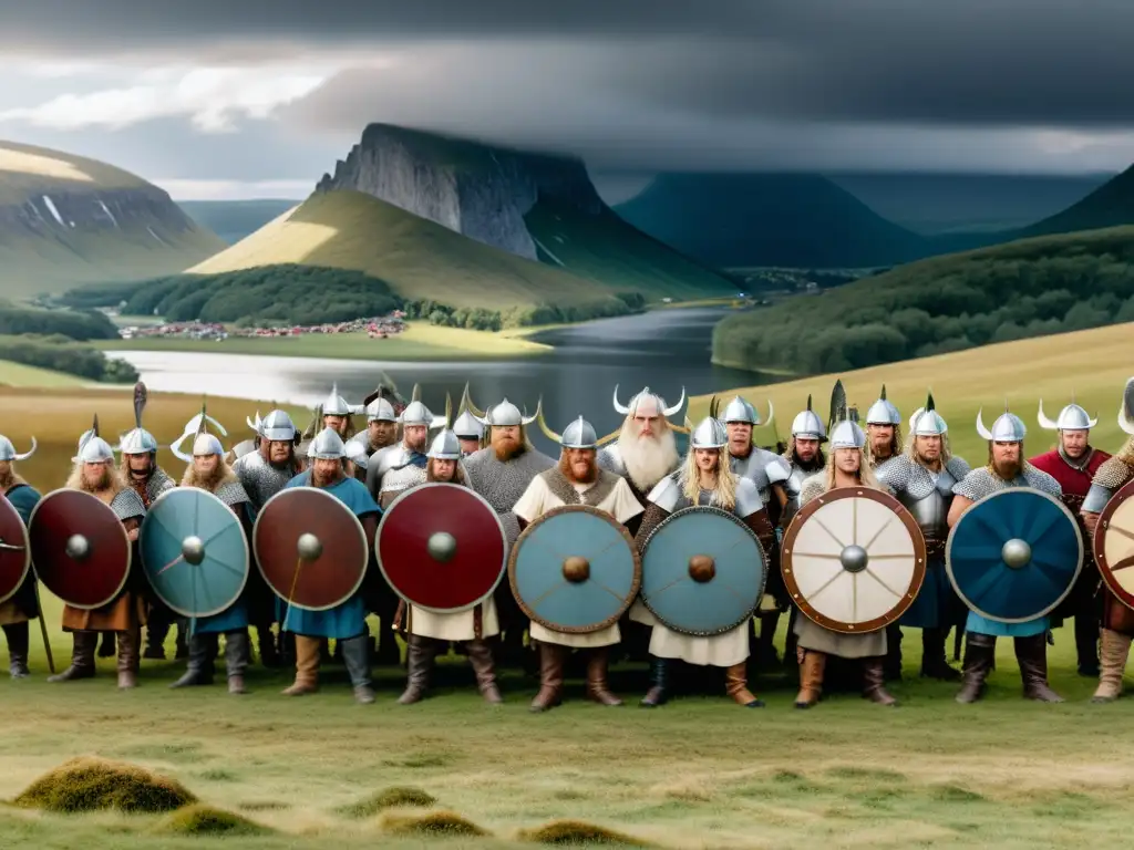 Una épica batalla de guerreros vikingos en un festival de recreación, con trajes detallados y paisaje escandinavo