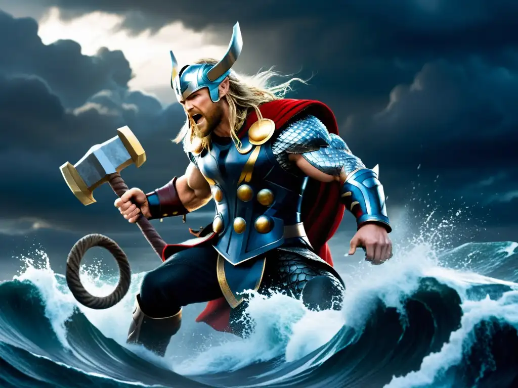 Épica batalla entre Thor y Jörmungandr en la mitología vikinga, con tormenta y mar embravecido