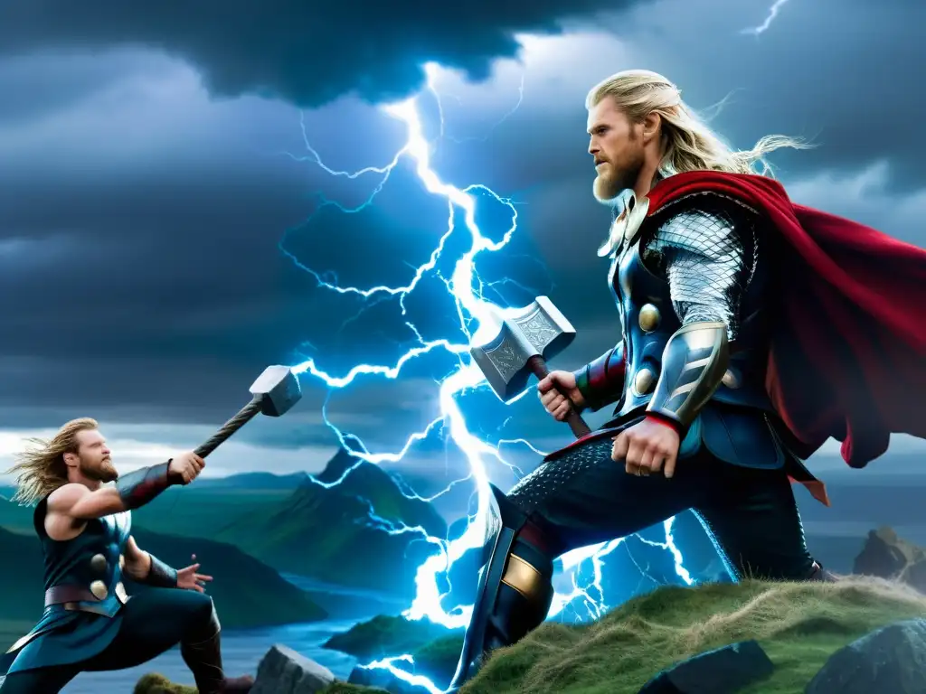 Épica batalla entre Thor y Jörmungandr en paisaje nórdico