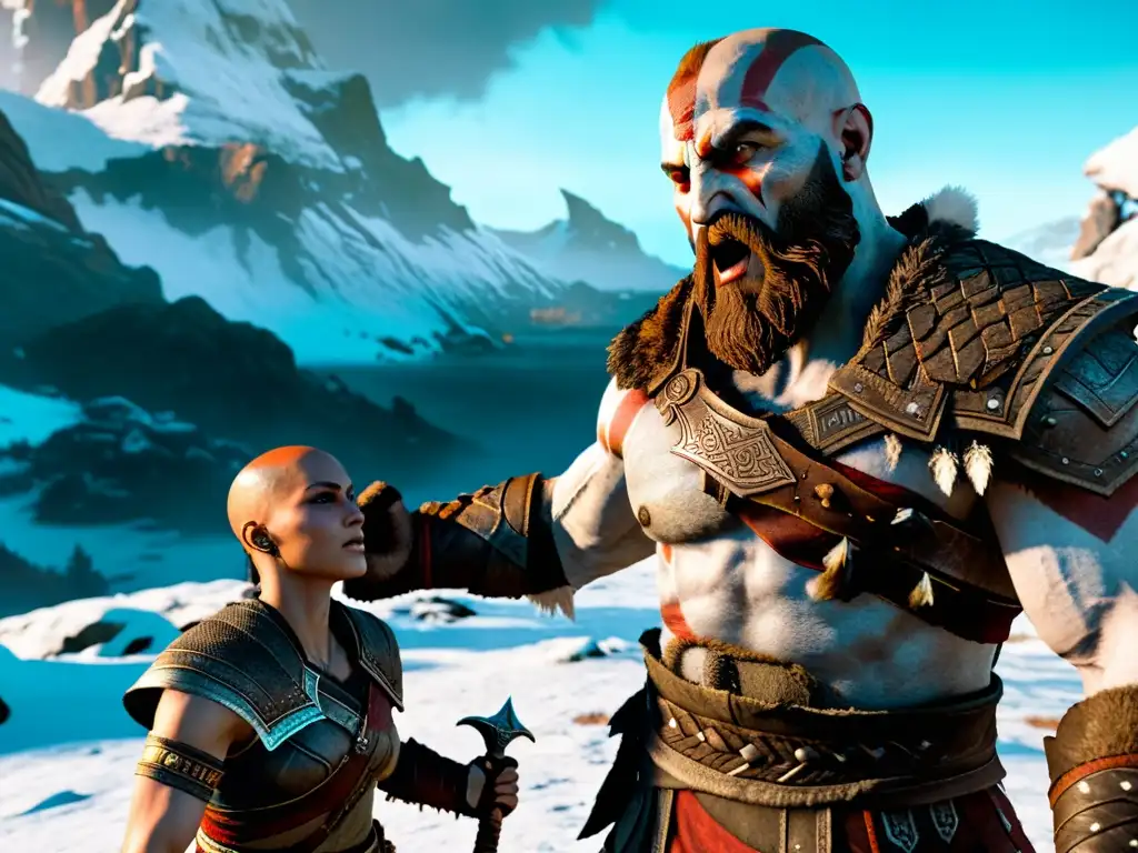 Épica batalla entre Kratos y un Jötnar en paisaje nórdico nevado