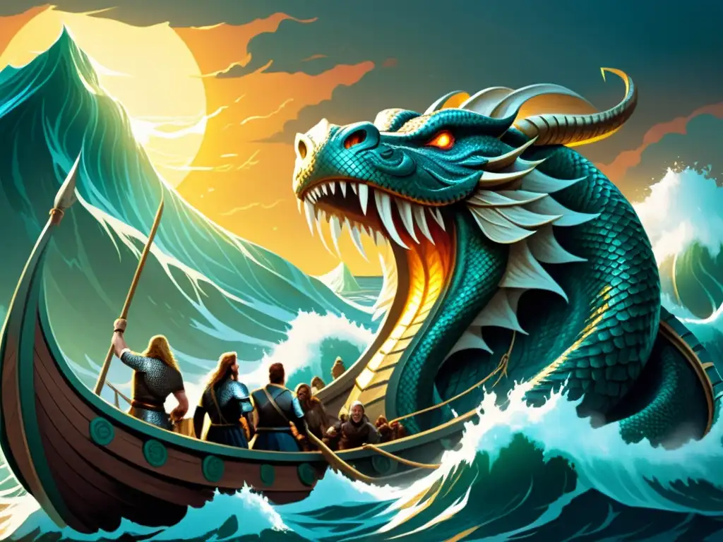 Una épica batalla marina entre Vikingos y el monstruoso Jörmungandr de la mitología nórdica