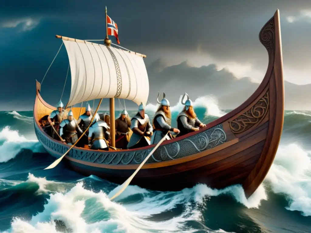 Una épica batalla naval entre naves vikingas en medio de una tormenta feroz