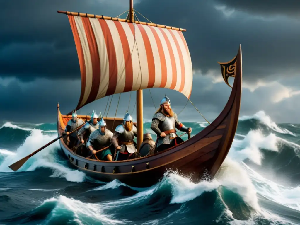 Una épica batalla vikinga en alta mar con guerreros, tormenta y un barco vikingo, para comparativa videojuegos vikingos historia