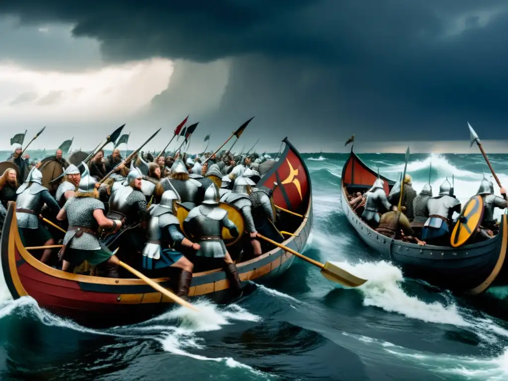 Épica batalla vikinga con barcos, guerreros luchando y cielo tormentoso