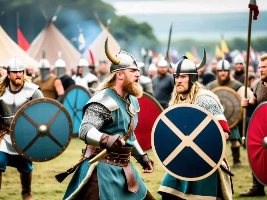 Épica batalla vikinga en festival de recreación, con guerreros en combate