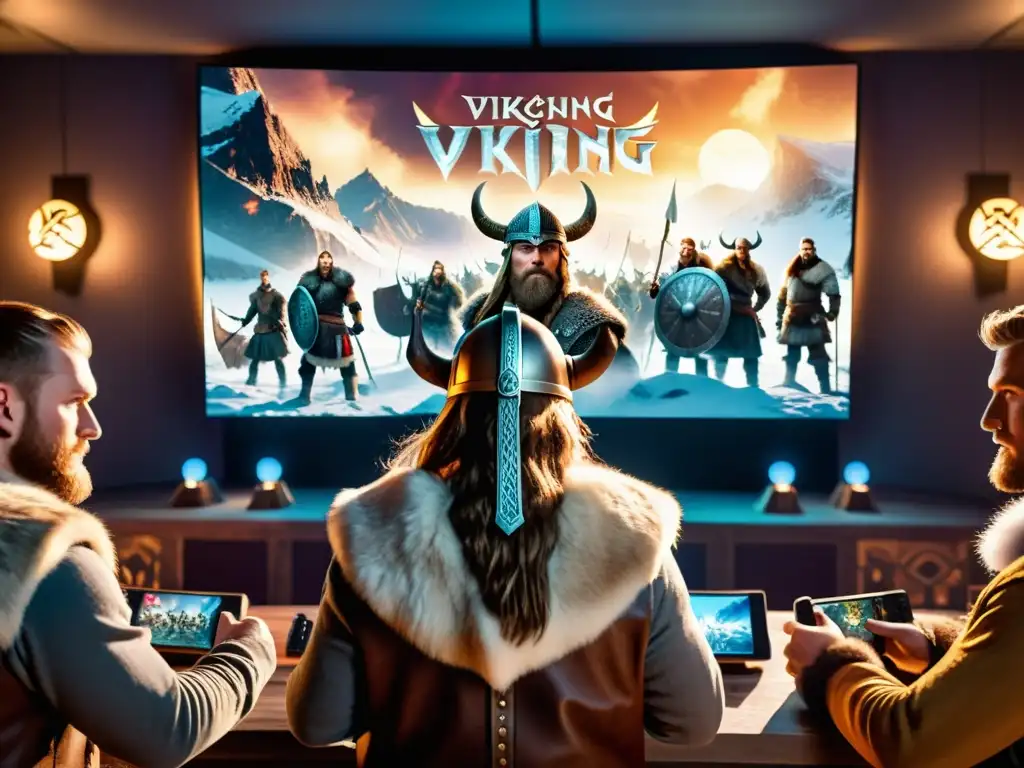 Épica batalla vikinga en videojuegos: jugadores con atuendo vikingo, concentrados en la pantalla