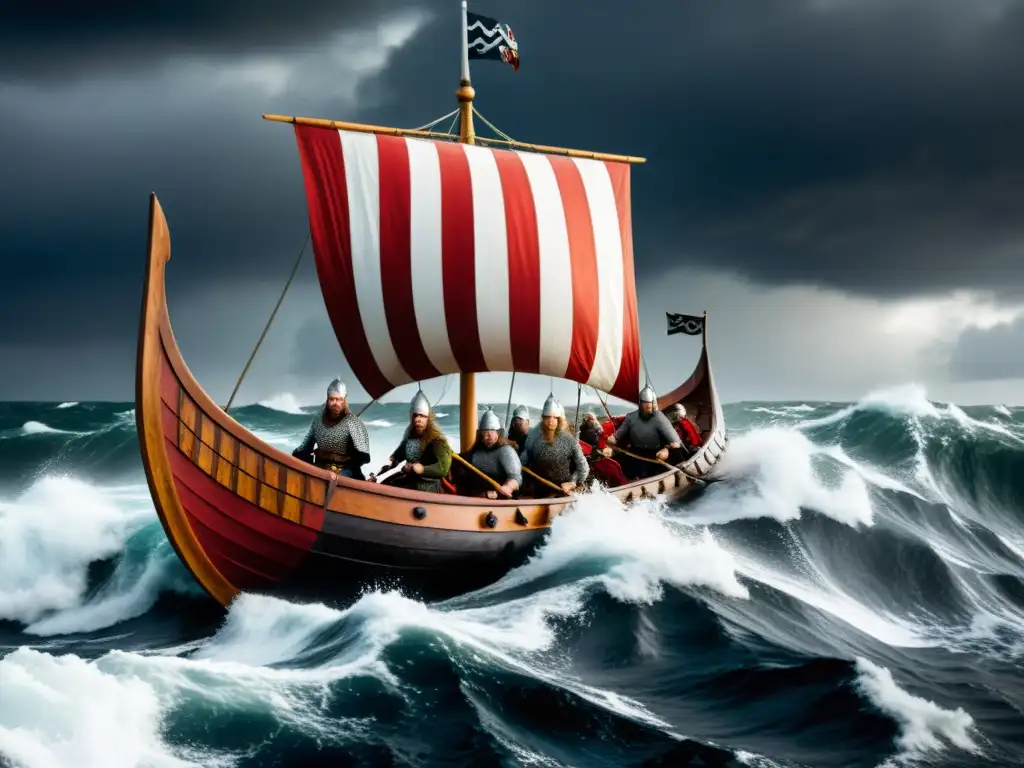 Épica conquista del Atlántico vikinga: barco de guerra surcando turbulentas aguas con guerreros nórdicos remando con furia