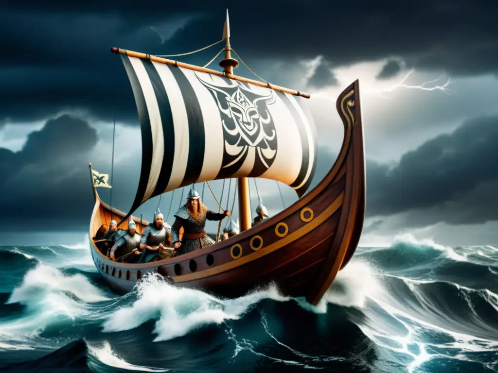 Una épica ilustración detallada de un drakkar vikingo surcando mares tormentosos, guerreros valientes a bordo