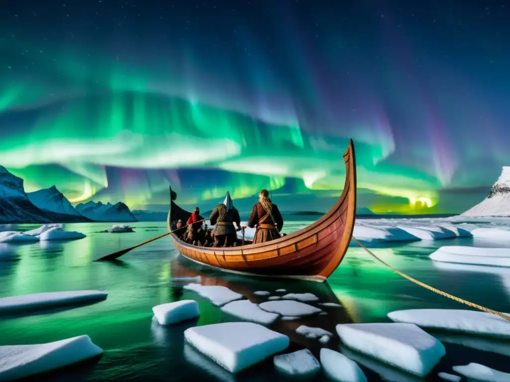 Épica dieta vikinga sabores norte: barco vikingo surcando aguas heladas bajo auroras boreales, guerreros en acción