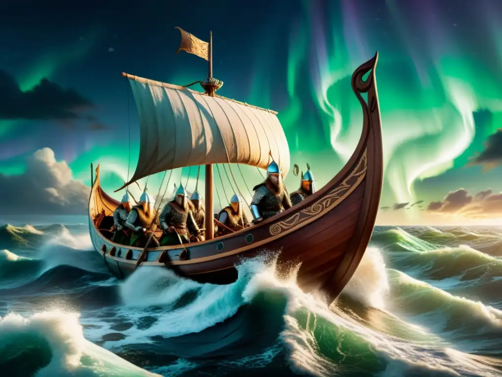 Épica escena de un barco vikingo surcando mares tormentosos con guerreros y auroras boreales, ideal para Recetas de salchichas vikingas nórdicas