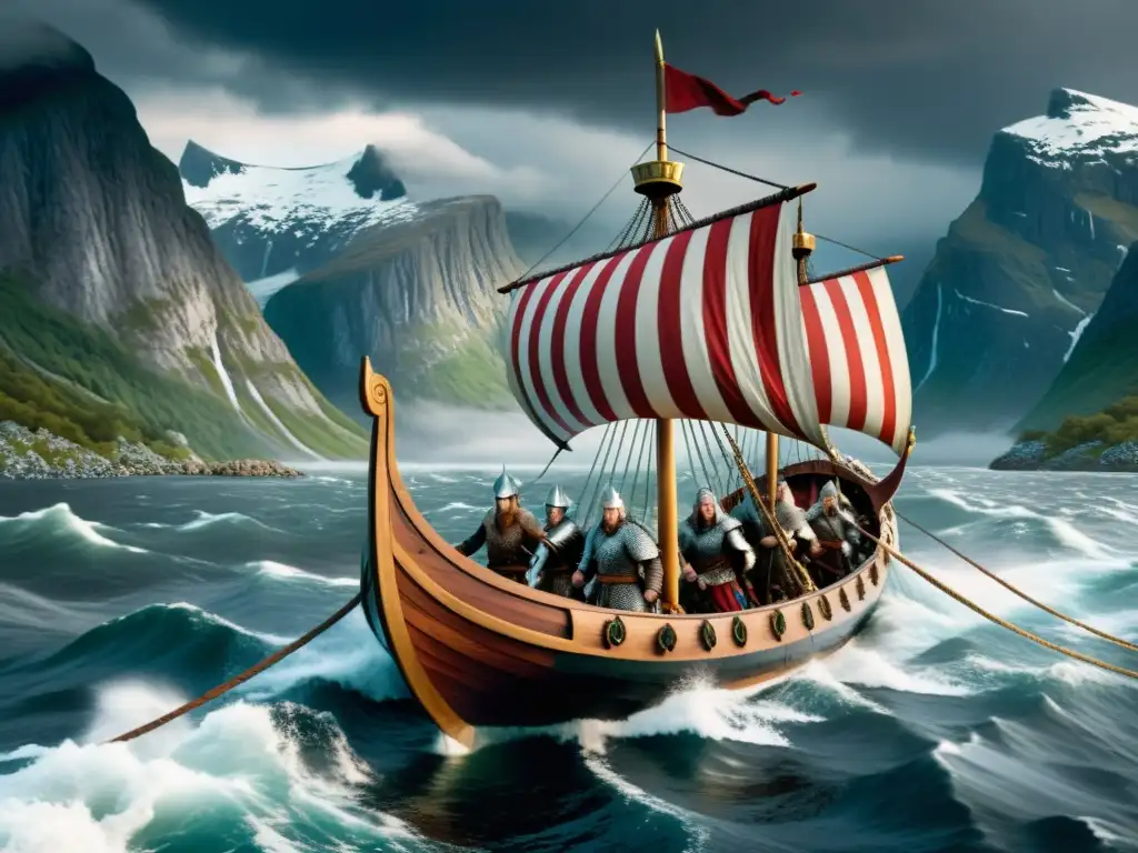 Épica escena de un barco vikingo en tormenta, guerreros y paisaje majestuoso