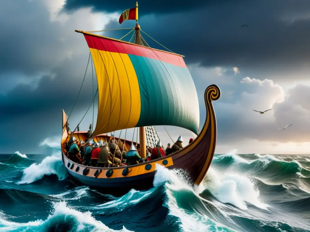 Épica escena de barcos vikingos surcando mares tormentosos