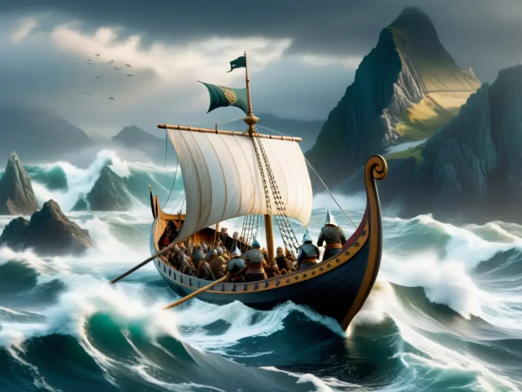 Una épica escena de convivencia entre vikingos y otros en un barco vikingo surcando mares turbulentos bajo un cielo dramático