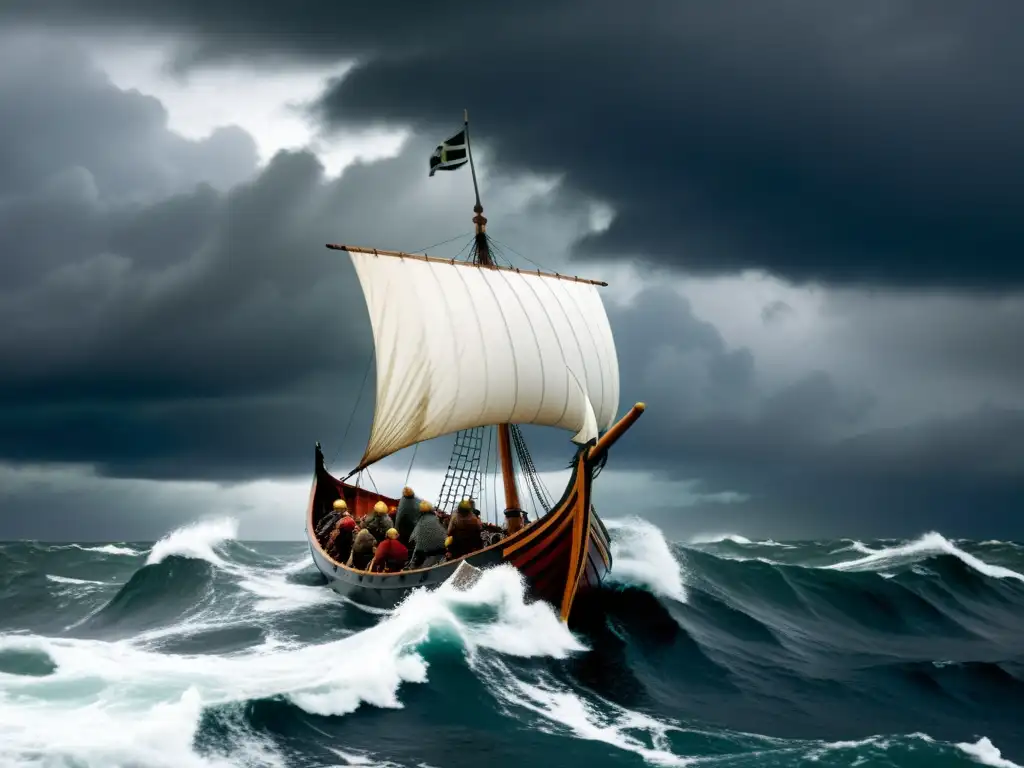 Una épica escena de un drakkar vikingo navegando en mares tempestuosos, con la tripulación remando con determinación