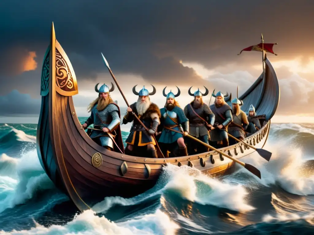 Épica escena de guerreros vikingos navegando en barco por mares tormentosos al atardecer, en juegos de plataformas vikingos