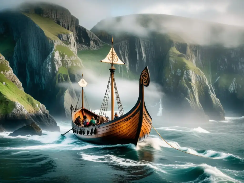 Una épica escena de una nave vikinga surcando las aguas irlandesas, con guerreros y símbolos nórdicos