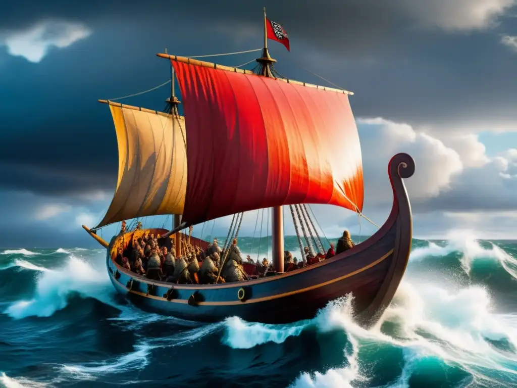 Una épica escena de una nave vikinga surcando mares turbulentos bajo un cielo dramático