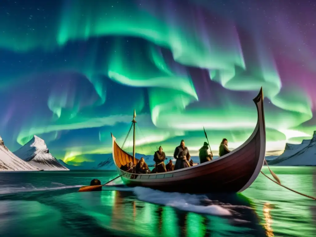 Una épica escena de una nave vikinga bajo la aurora boreal, con dioses nórdicos y personas contemporáneas, fusionando mitología y presente