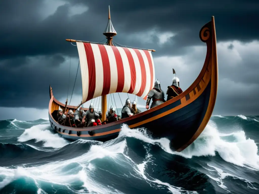 Una épica escena de una nave vikinga surcando mares tormentosos con guerreros a bordo