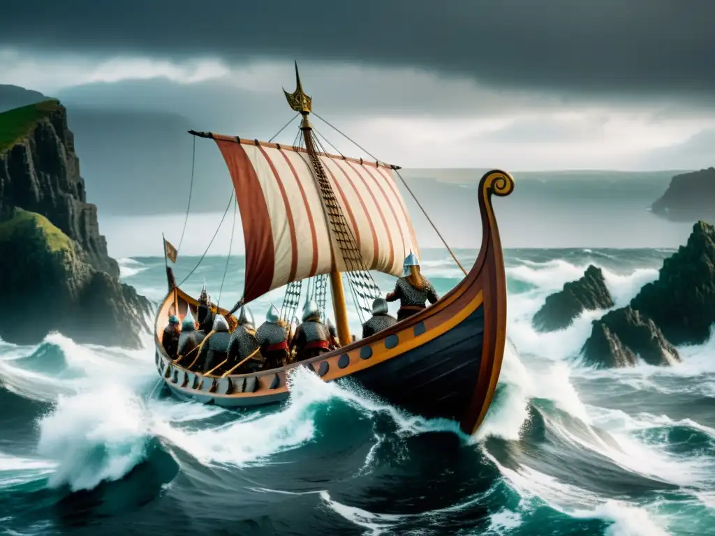 Una épica escena de una nave vikinga surcando mares turbulentos cerca de la costa de la Isla de Man, con guerreros determinados remando