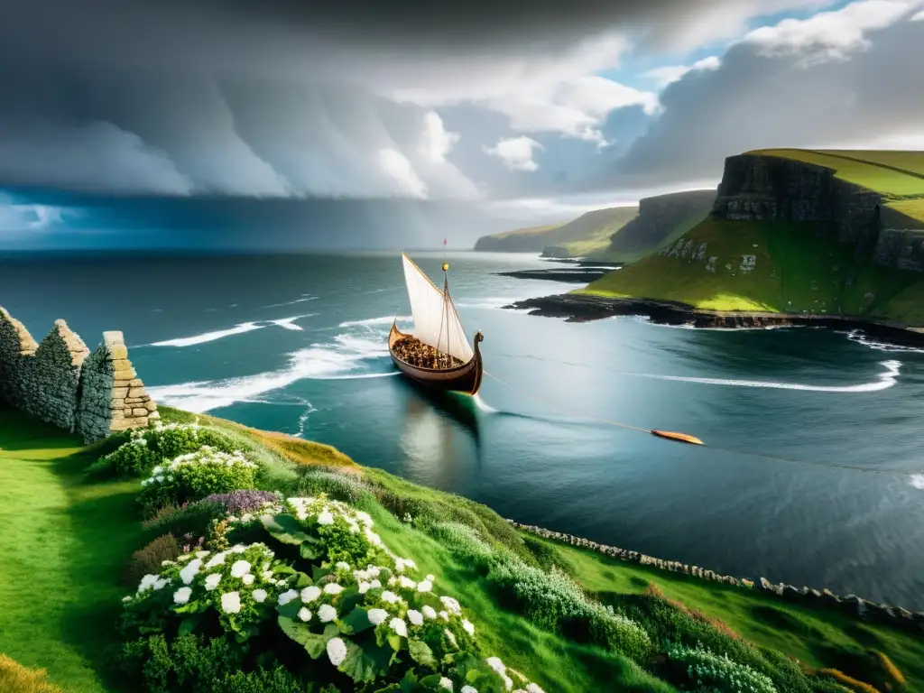 Épica escena de una nave vikinga surcando las costas de Orkney, con guerreros y paisaje, historia vikinga en el archipiélago