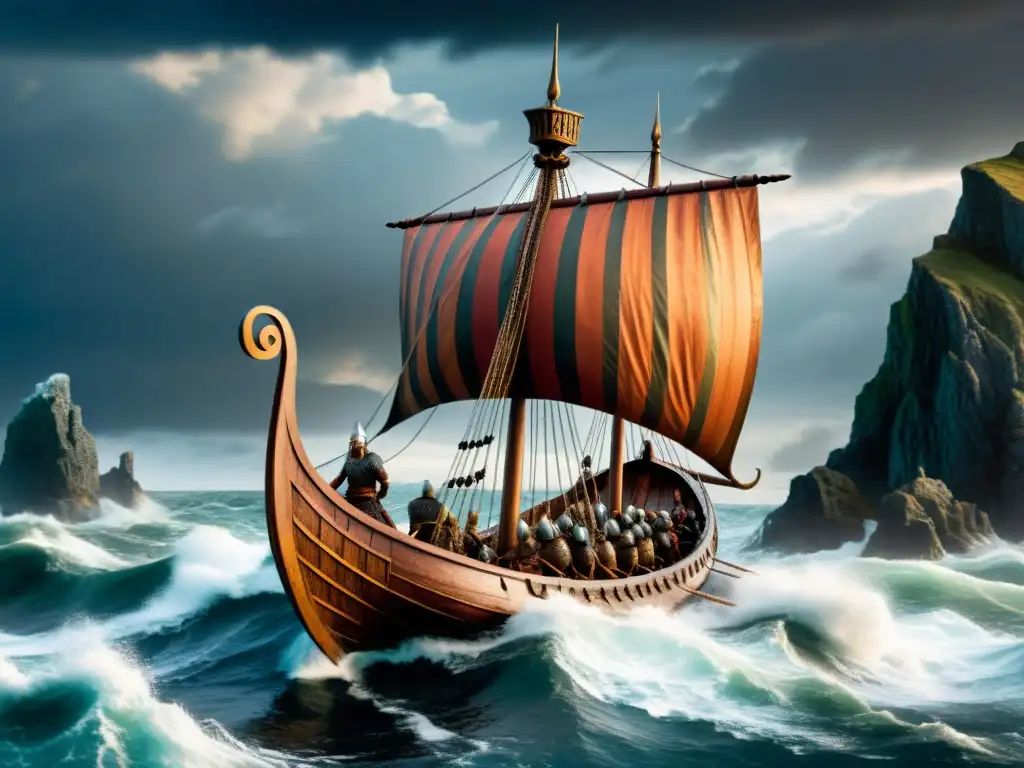 Épica escena de una nave vikinga surcando mares turbulentos con guerreros determinados