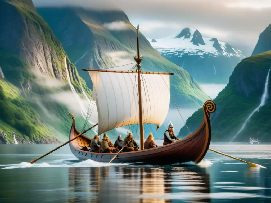 Épica escena de una Drakkar vikinga surcando un fiordo brumoso, con montañas nevadas al fondo y la Diosa Nerthus en la proa