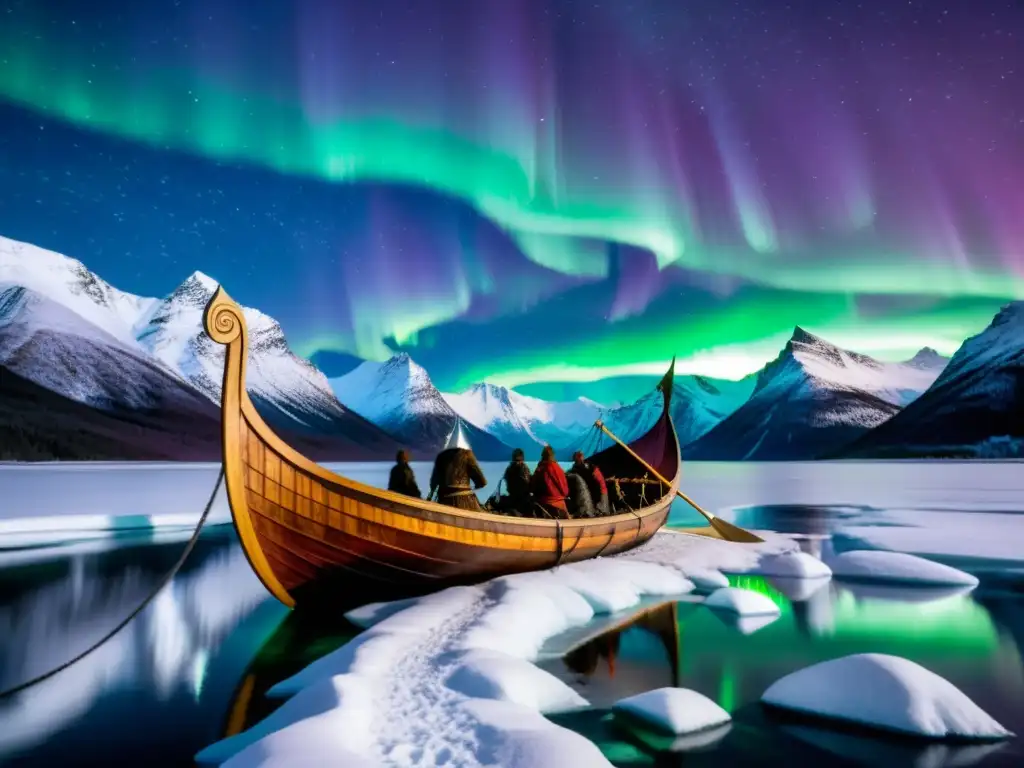 Épica escena de un drakkar vikingo surcando aguas heladas bajo la aurora boreal, rodeado de montañas nevadas