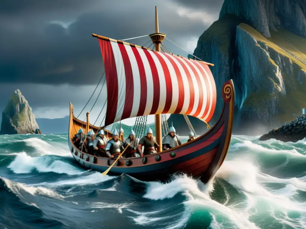 Épica escena de un drakkar vikingo surcando aguas turbulentas entre acantilados, con guerreros en armadura y velas ondeando