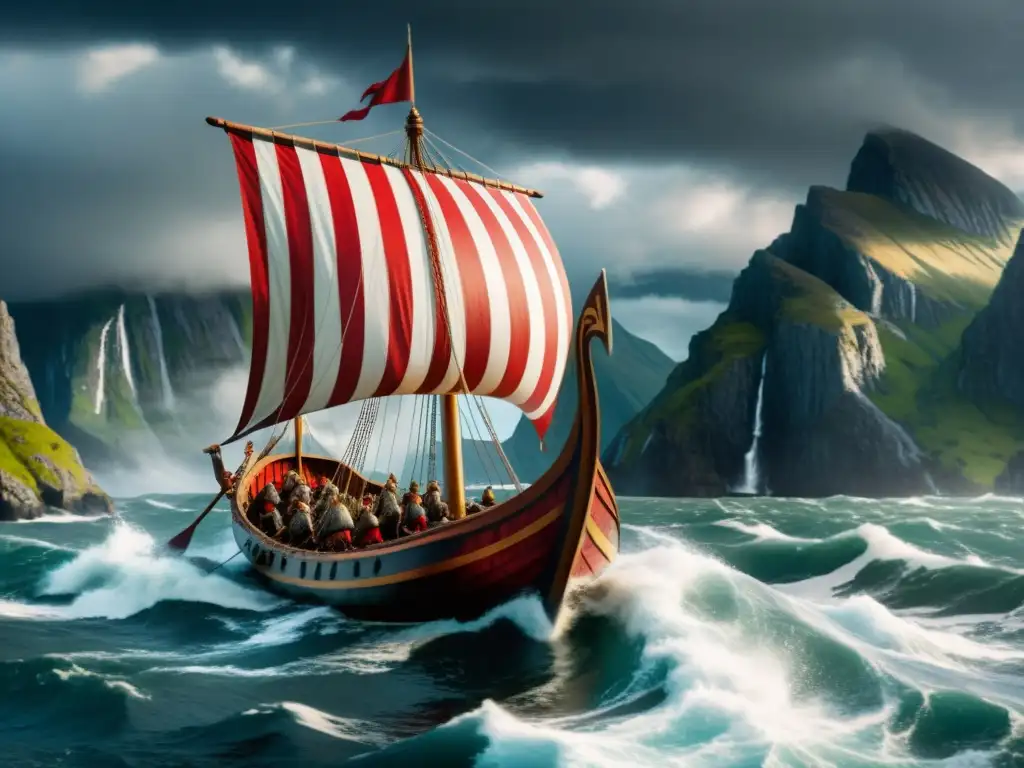 Épica escena de un drakkar vikingo surcando un mar tormentoso, rodeado de guerreros, en un juego de video de mitología nórdica