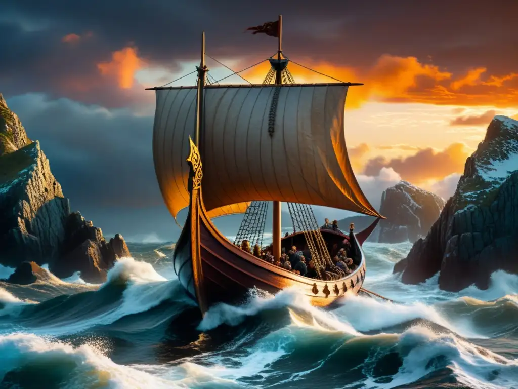 Épica escena de un drakkar vikingo surcando mares turbulentos al atardecer