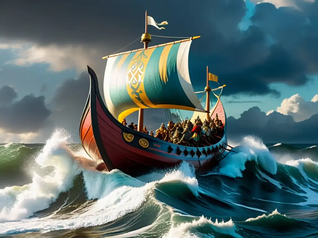 Épica escena de un drakkar vikingo surcando olas turbulentas bajo un cielo dramático