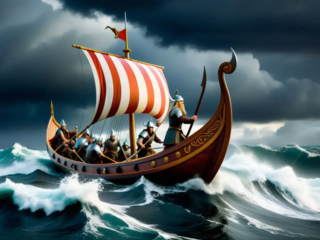 Una épica representación de una expedición vikinga en alta mar, con guerreros en un drakkar enfrentando las tormentas