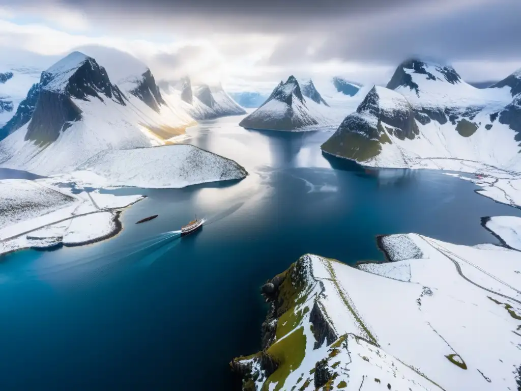 Épica imagen de rutas comerciales vikingas perdidas entre fiordos y montañas nevadas, con barcos vikingos navegando y cielos tormentosos