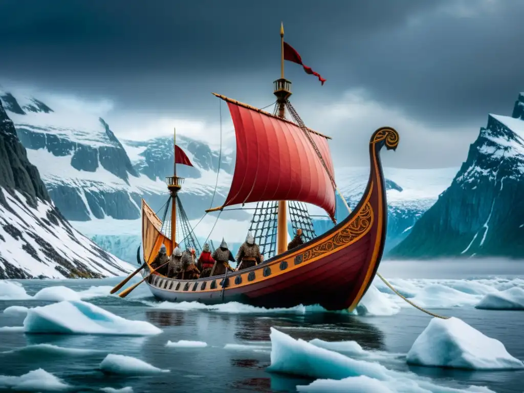 Épica narrativa histórica nórdica: Un Vikingo velero surca gélidas aguas con dragones esculpidos en su proa y vela roja