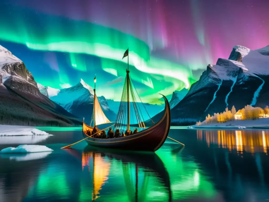 Épica nave vikinga surca aguas nórdicas bajo auroras boreales, tripulada por guerreros con armaduras nórdicas