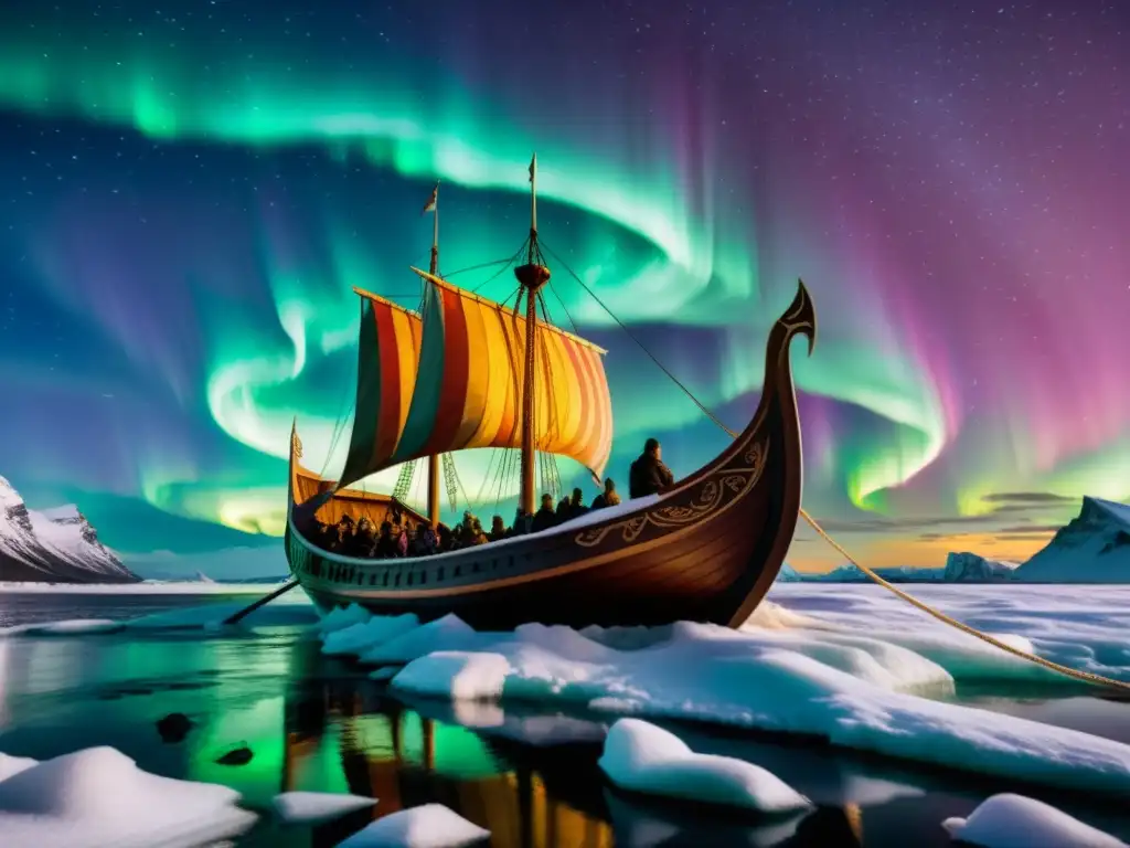 Épica nave vikinga surcando aguas heladas bajo auroras boreales, tripulada por guerreros en armaduras, juego Valheim cultura vikinga