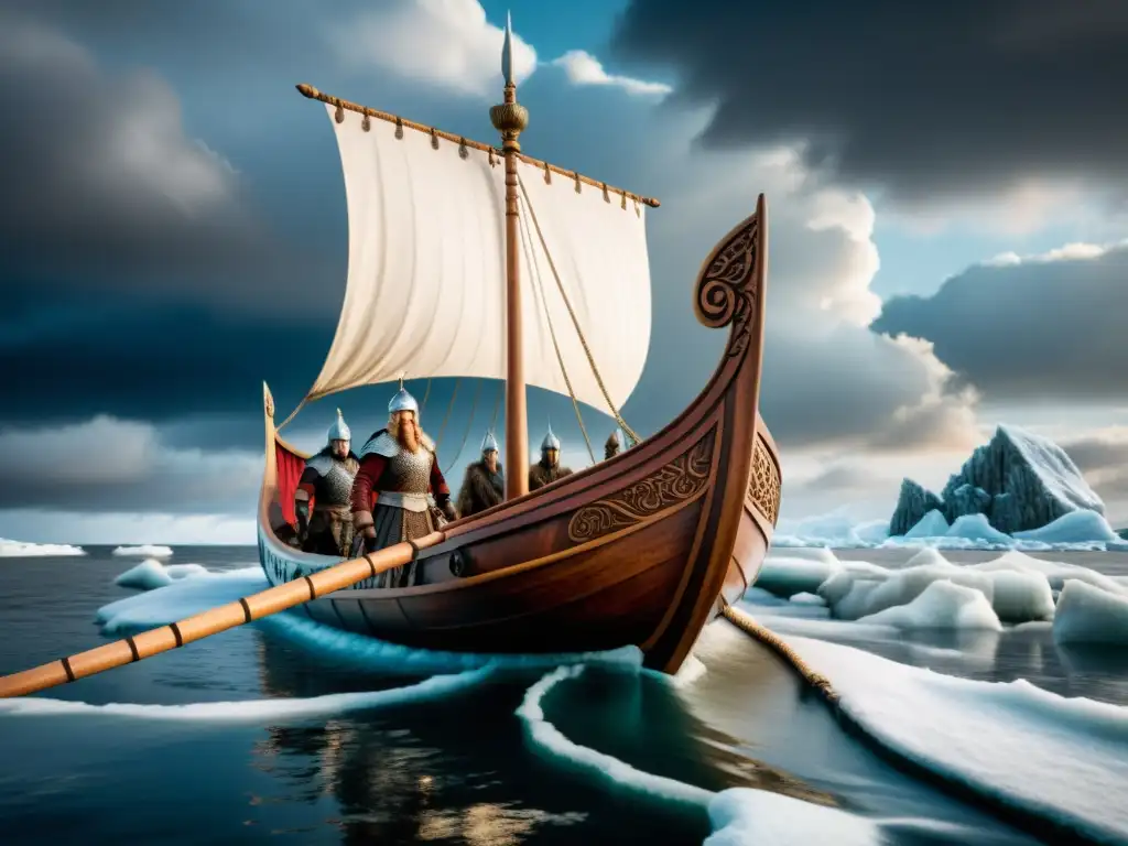 Épica nave vikinga surca aguas heladas Una épica nave vikinga surca aguas heladas con guerreros en atuendo tradicional, mostrando influencias vikingas en la moda europea