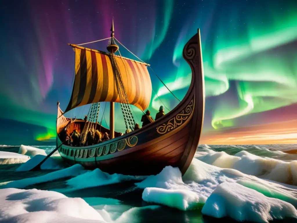 Una épica nave vikinga surca aguas heladas bajo auroras boreales, con guerreros listos para la batalla