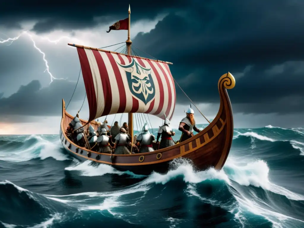 Una épica nave vikinga surca el mar en tormenta con guerreros y escudos con el símbolo de Odin, reflejando la influencia de los hijos de Odin