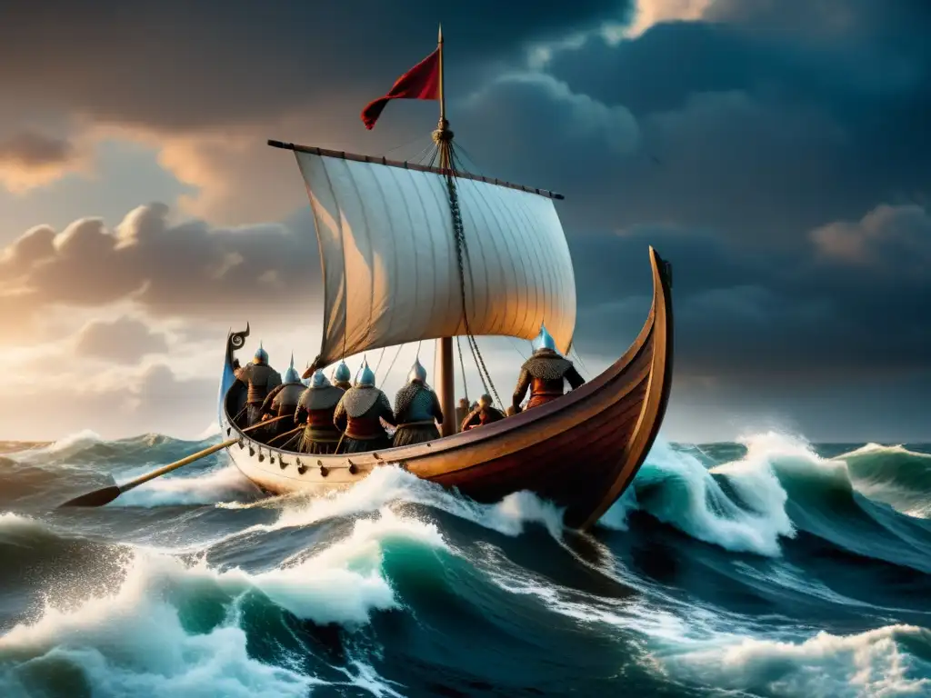 Épica nave vikinga surcando mares agitados con guerreros y un cielo dramático, reflejando la aventura de la dieta vikinga pérdida peso mitos