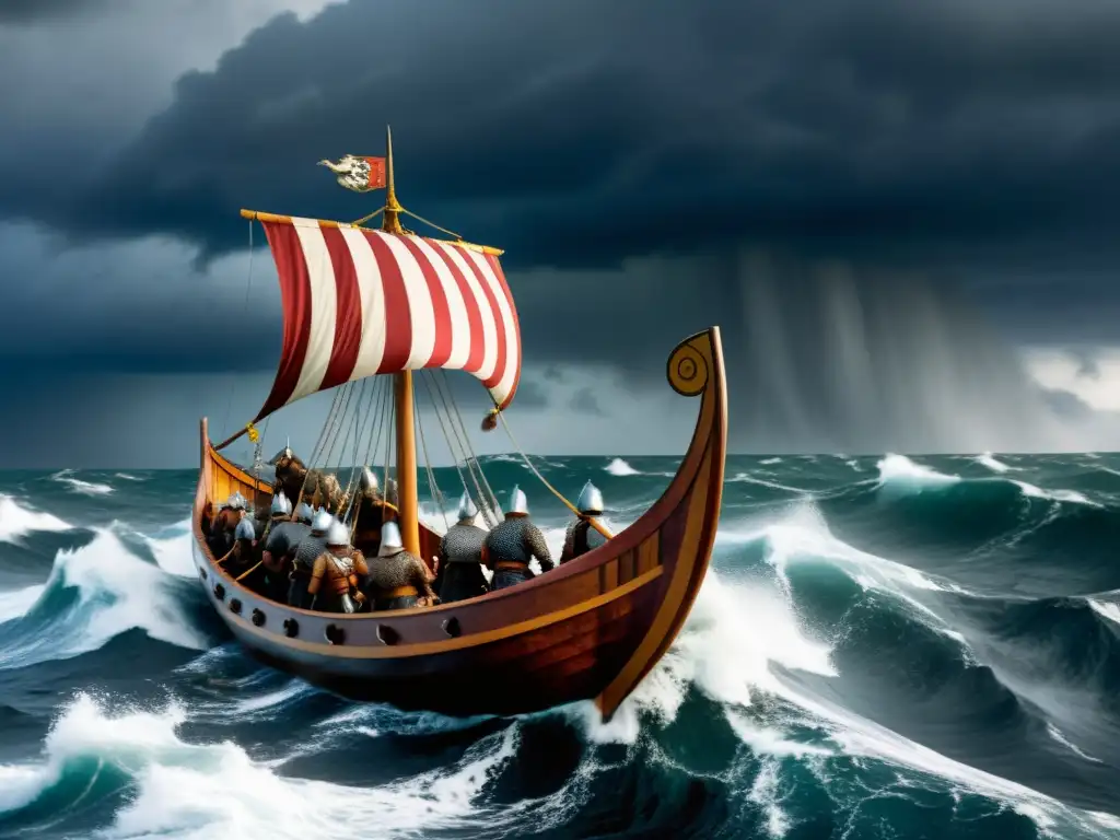 Una épica nave vikinga surcando mares turbulentos bajo una tormenta, con guerreros vikingos listos para la batalla