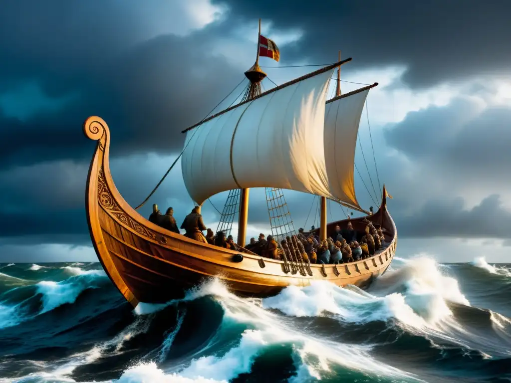 Épica nave vikinga surca mares tormentosos, guerreros y detalles tallados, evocando aventura y vida en la era vikinga