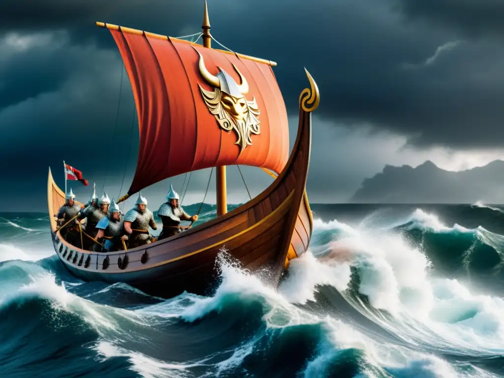 Una épica nave vikinga surca mares tormentosos con guerreros remando y una figura de dragón en proa