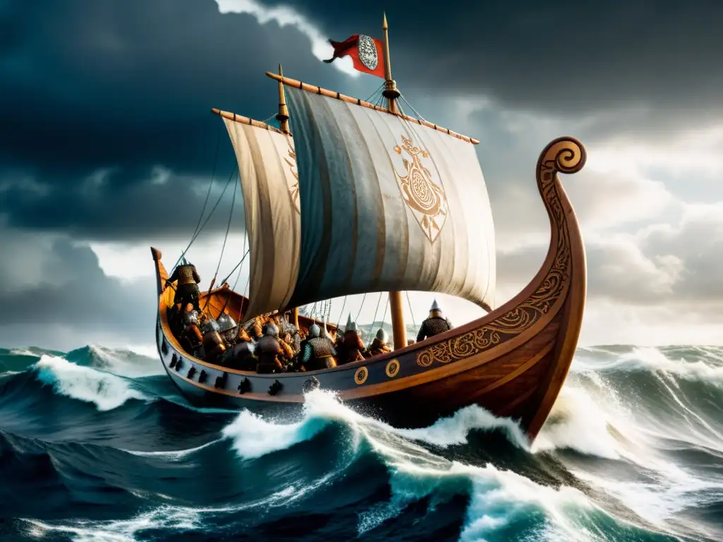 Una épica nave vikinga, tripulada por guerreros valientes, surca mares tormentosos en una aventura desafiante con Ragnar Lodbrok