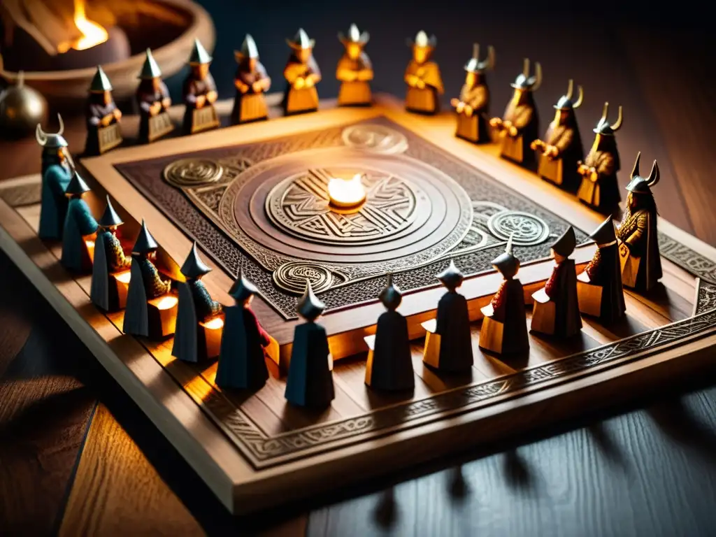 Épica partida de juego de mesa vikingo en una sala iluminada por antorchas, con jugadores concentrados y emocionados