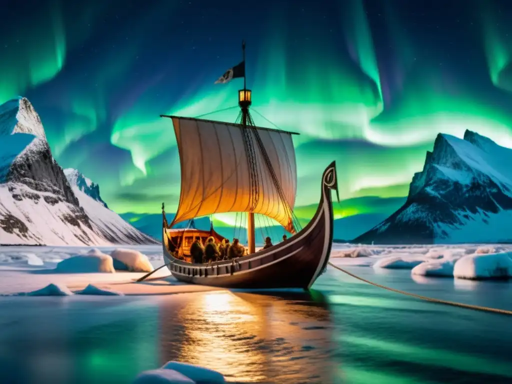 Una épica saga familiar de historias nórdicas: un barco vikingo surca aguas heladas bajo la aurora boreal