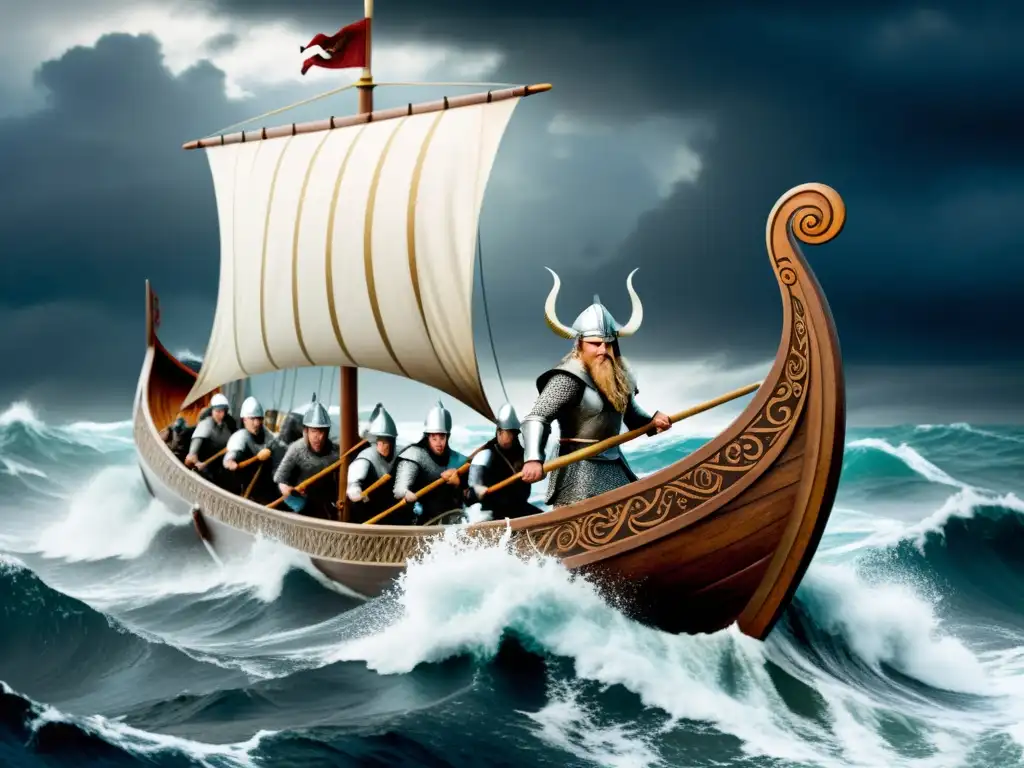 Una épica saga de ArrowOdd mitología vikinga: un drakkar navegando en mares tormentosos con guerreros y monstruos marinos